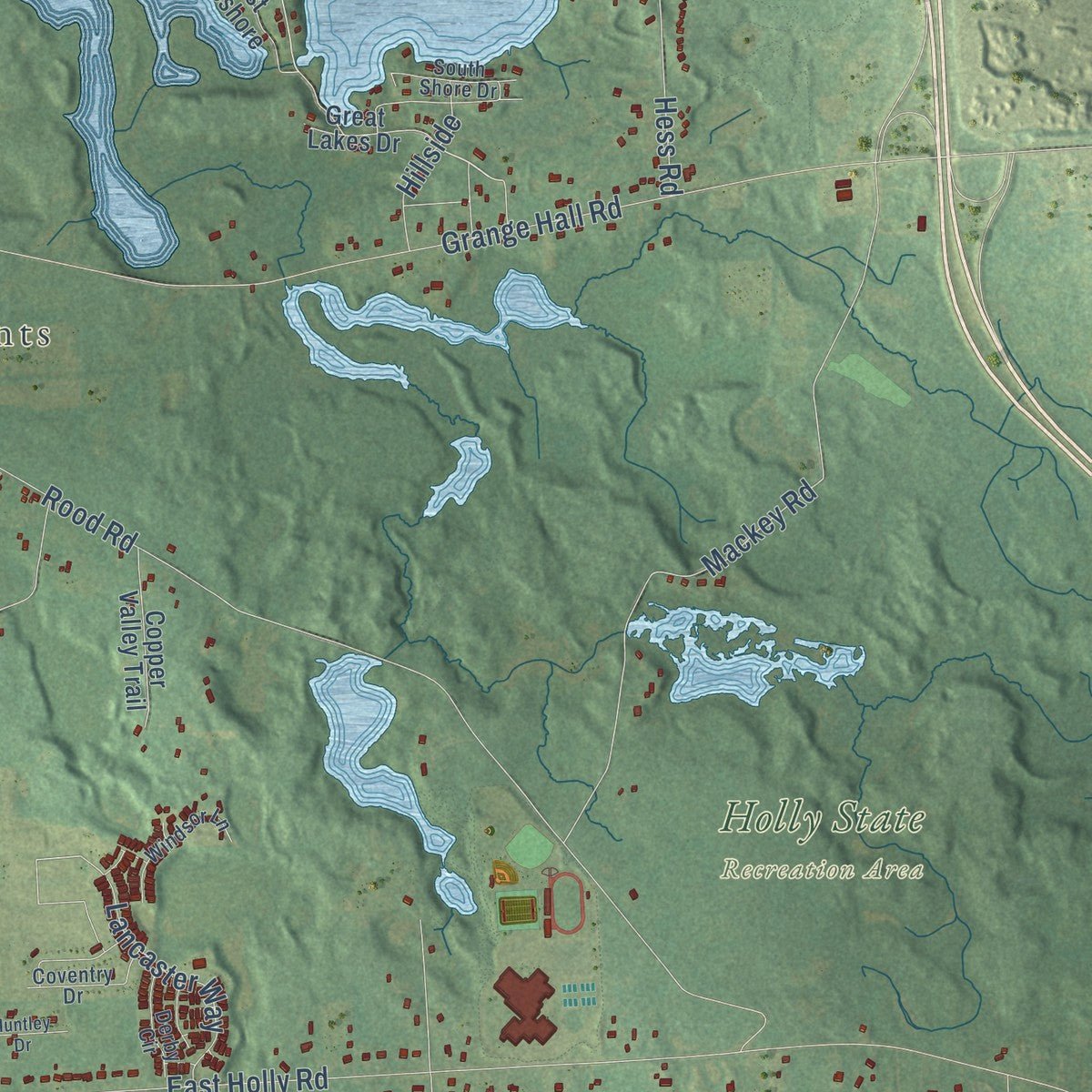 Second close-up of the map of Holly, Oakland County, Michigan print showing more streets and buildings