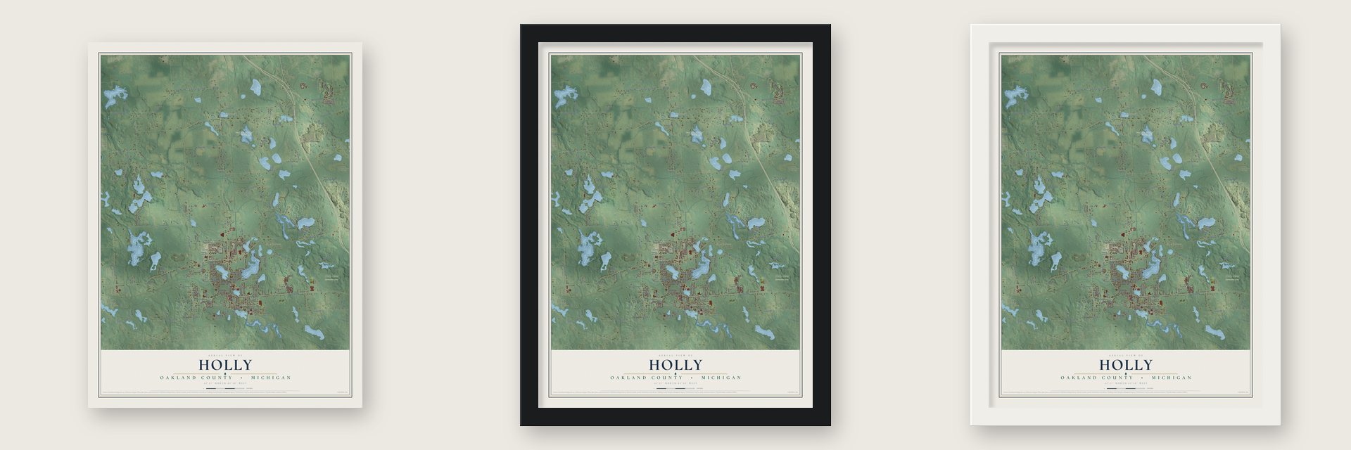 Holly, Oakland County, Michigan map unframed, in a black wood frame and in a white wood frame