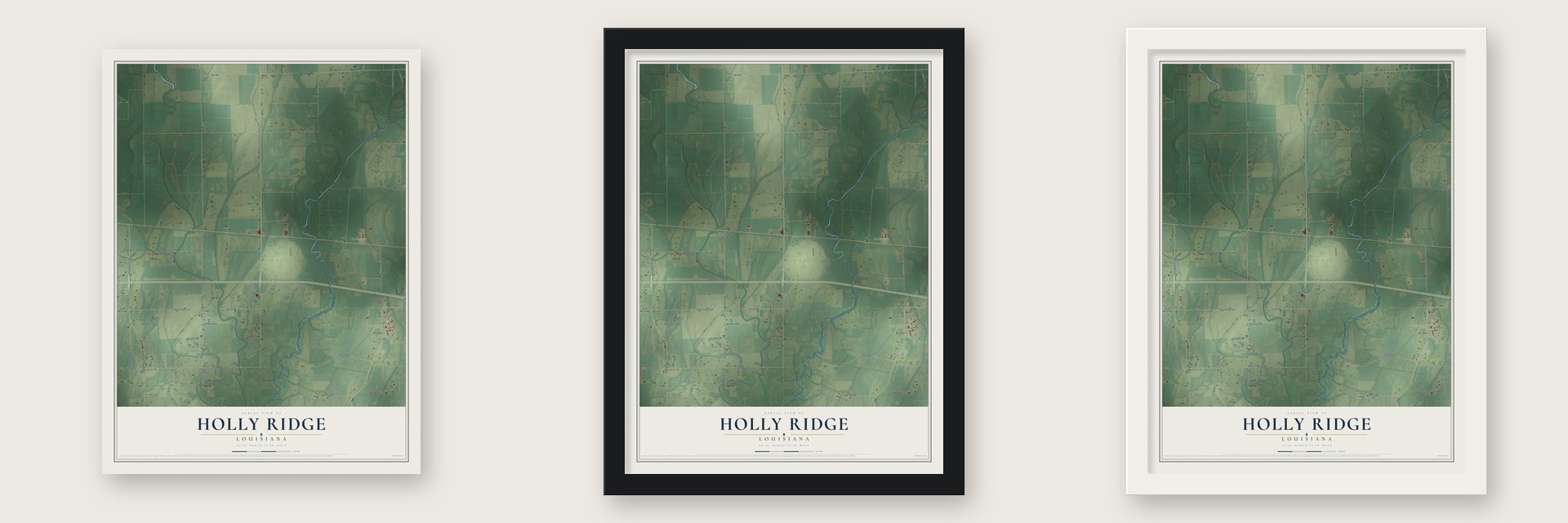 Holly Ridge, Louisiana map unframed, in a black wood frame and in a white wood frame