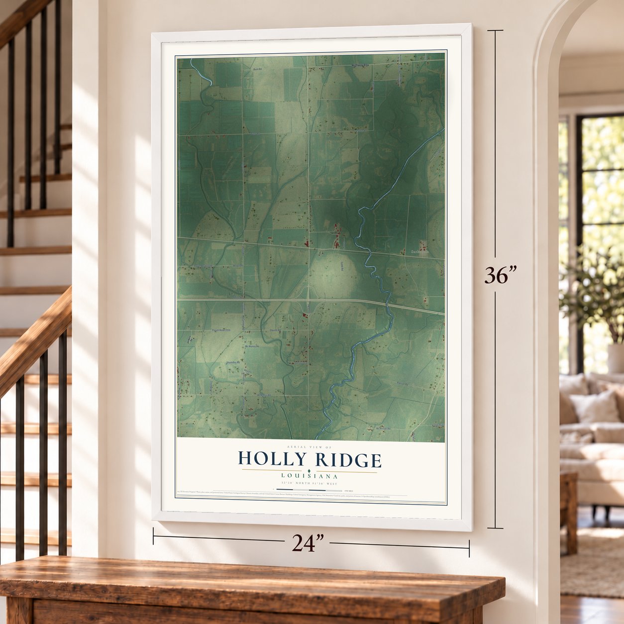 Holly Ridge, Louisiana map, 24 x 36 inch print in a white frame by a staircase