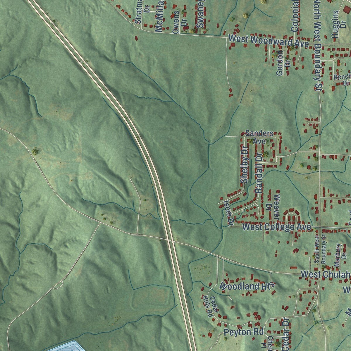 Second close-up of the map of Holly Springs, Mississippi print showing more streets and buildings