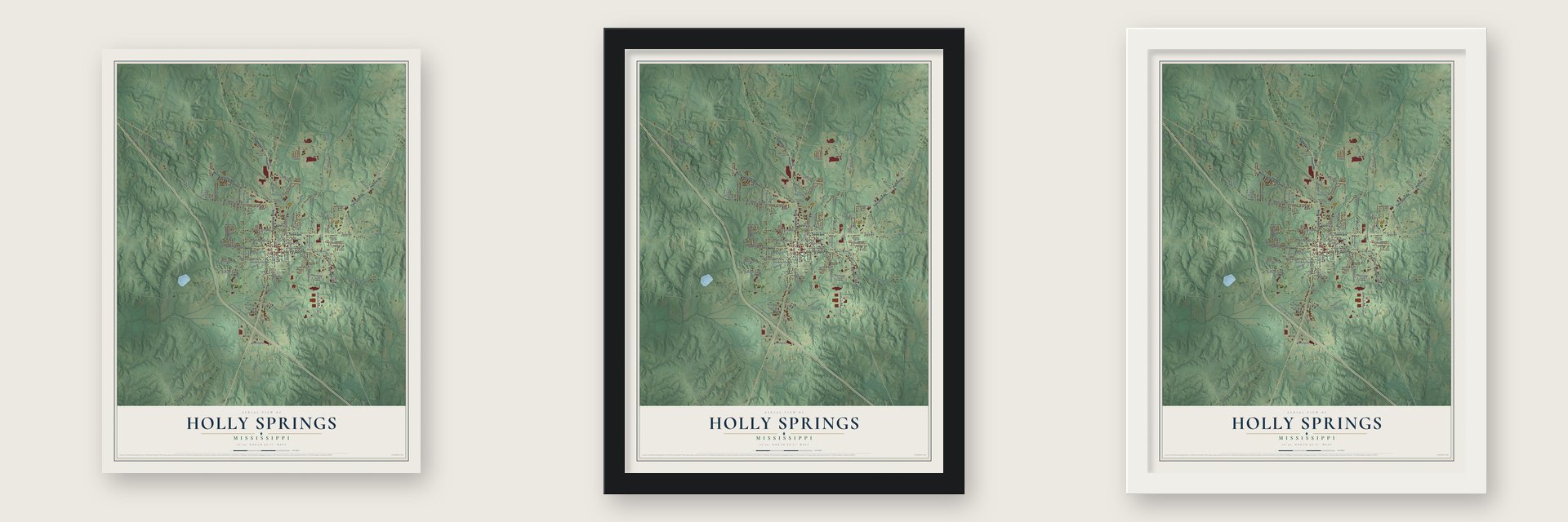 Holly Springs, Mississippi map unframed, in a black wood frame and in a white wood frame
