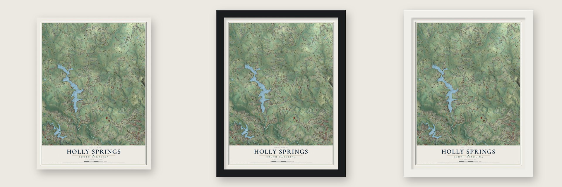 Holly Springs, South Carolina map unframed, in a black wood frame and in a white wood frame