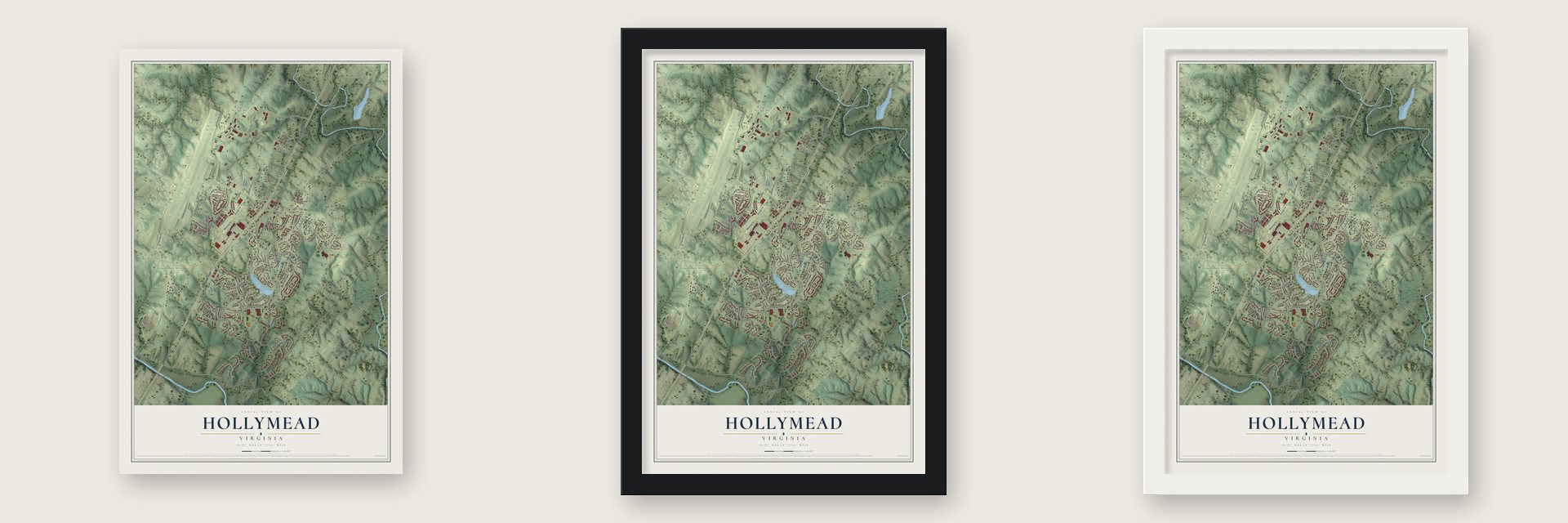 Hollymead, Virginia map unframed, in a black wood frame and in a white wood frame