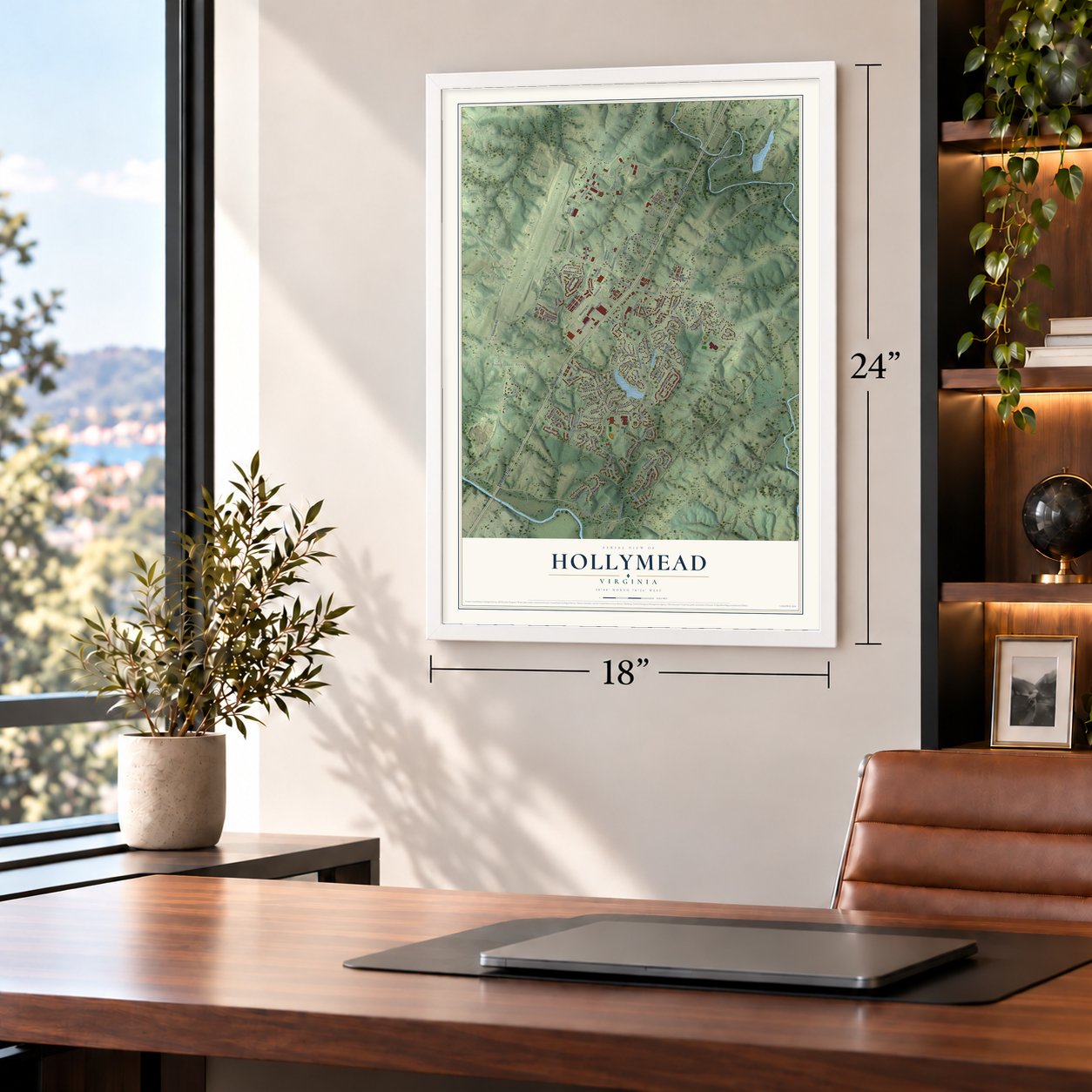 Hollymead, Virginia map, 18 x 24 inch print in a white frame in a home office
