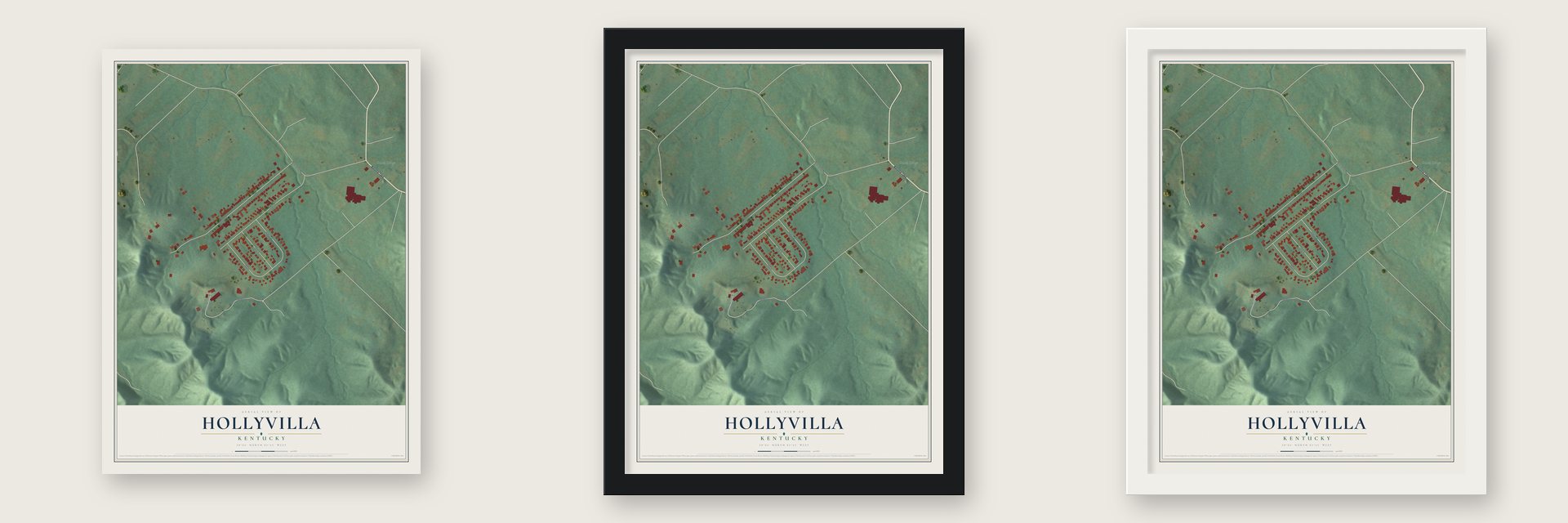 Hollyvilla, Kentucky map unframed, in a black wood frame and in a white wood frame