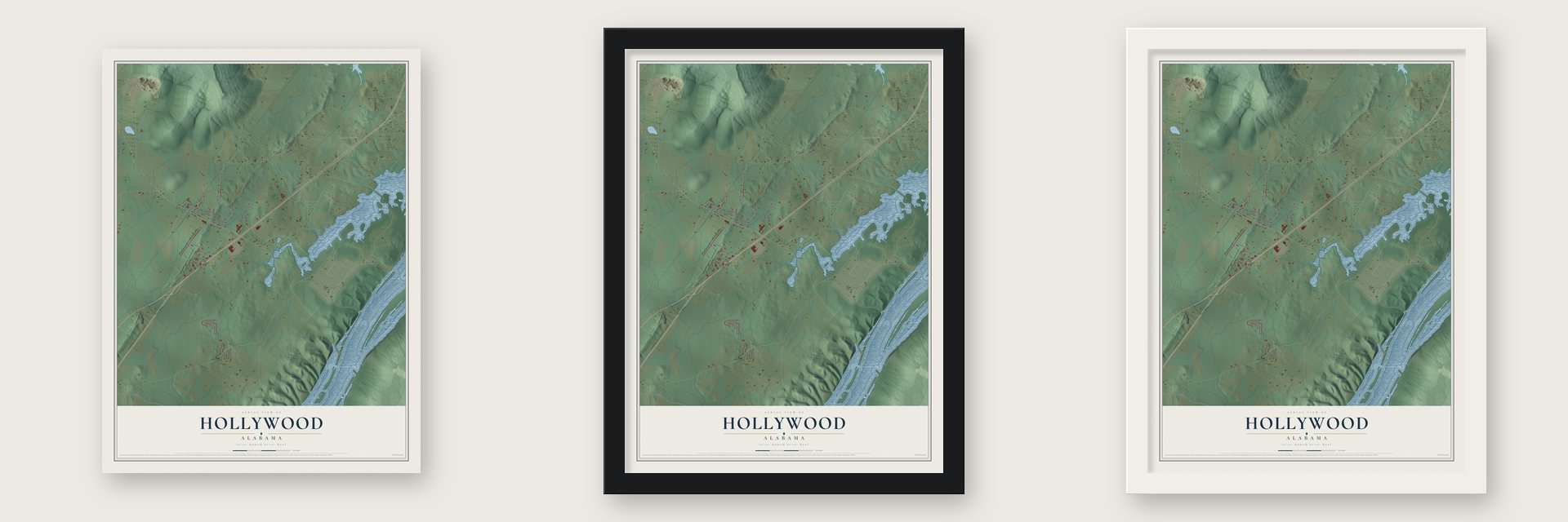 Hollywood, Alabama map unframed, in a black wood frame and in a white wood frame