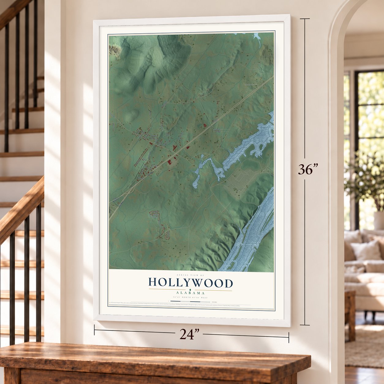 Hollywood, Alabama map, 24 x 36 inch print in a white frame by a staircase