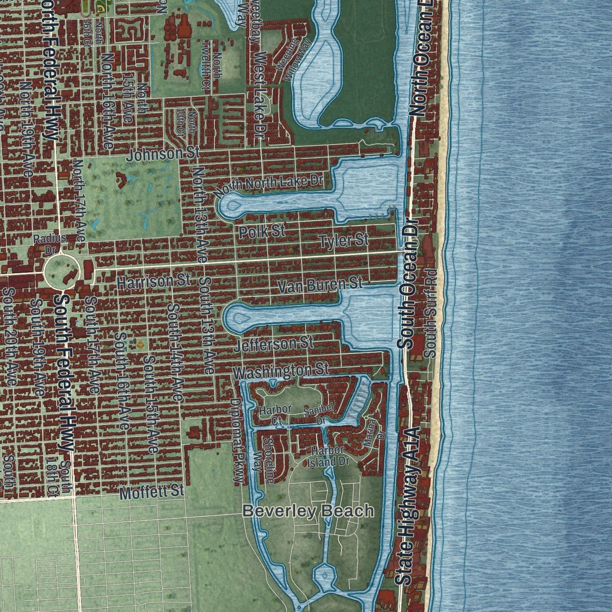 Second close-up of the map of Hollywood, Florida print showing more streets and buildings