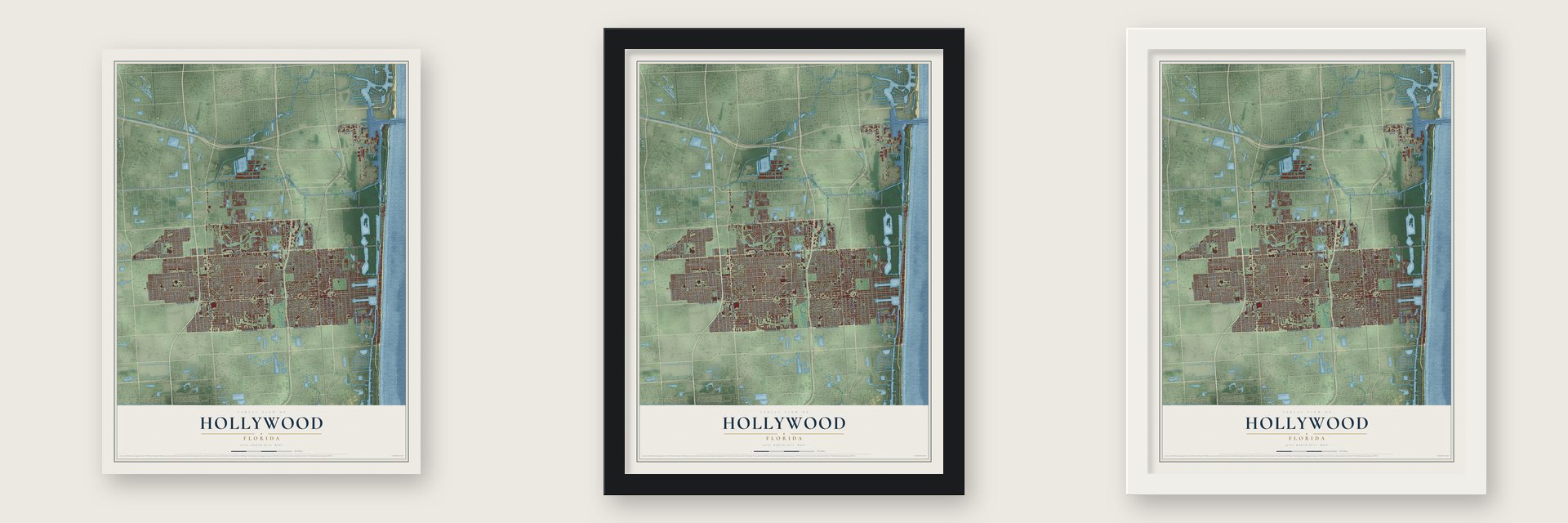 Hollywood, Florida map unframed, in a black wood frame and in a white wood frame