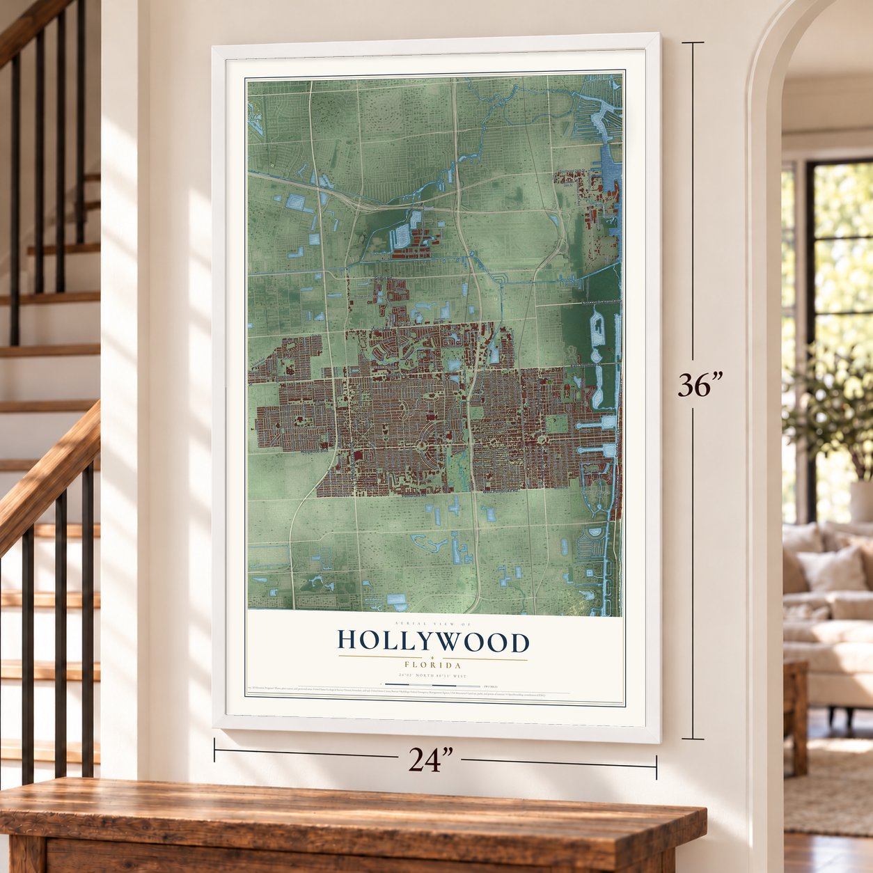Hollywood, Florida map, 24 x 36 inch print in a white frame by a staircase