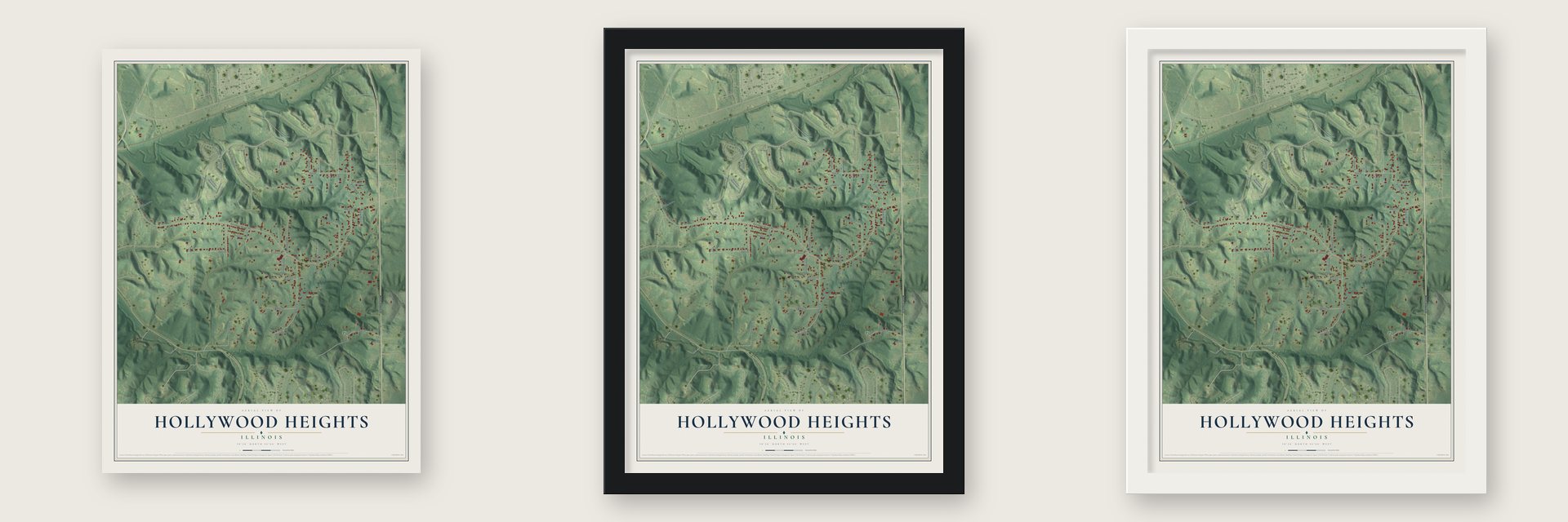 Hollywood Heights, Illinois map unframed, in a black wood frame and in a white wood frame