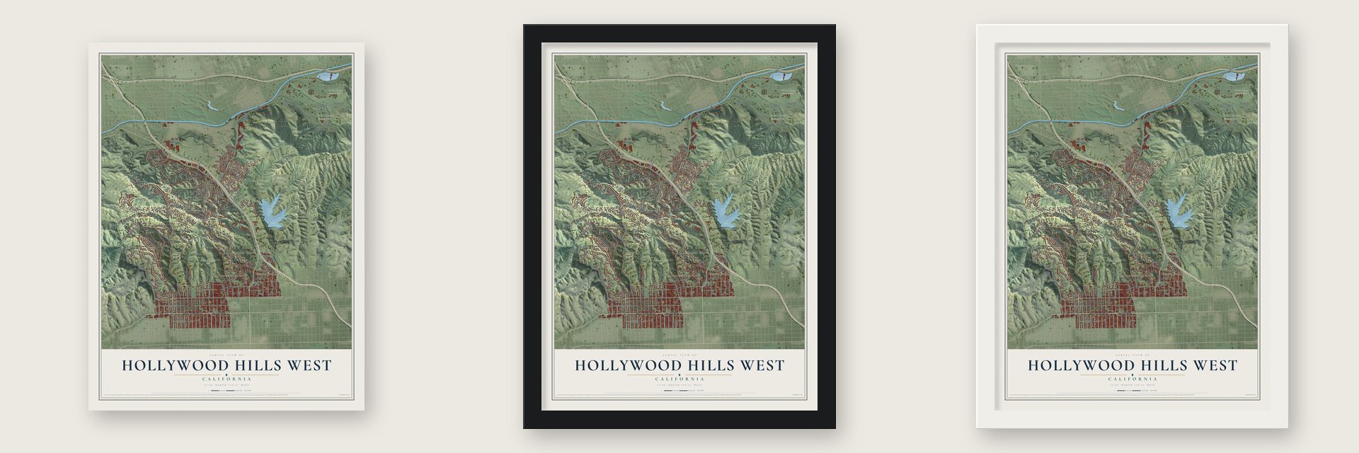 Hollywood Hills West, California map unframed, in a black wood frame and in a white wood frame