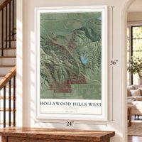 Hollywood Hills West, California map, 24 x 36 inch print in a white frame by a staircase