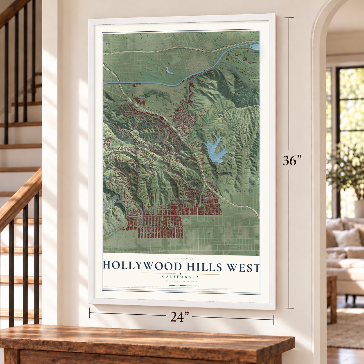 Hollywood Hills West, California map, 24 x 36 inch print in a white frame by a staircase