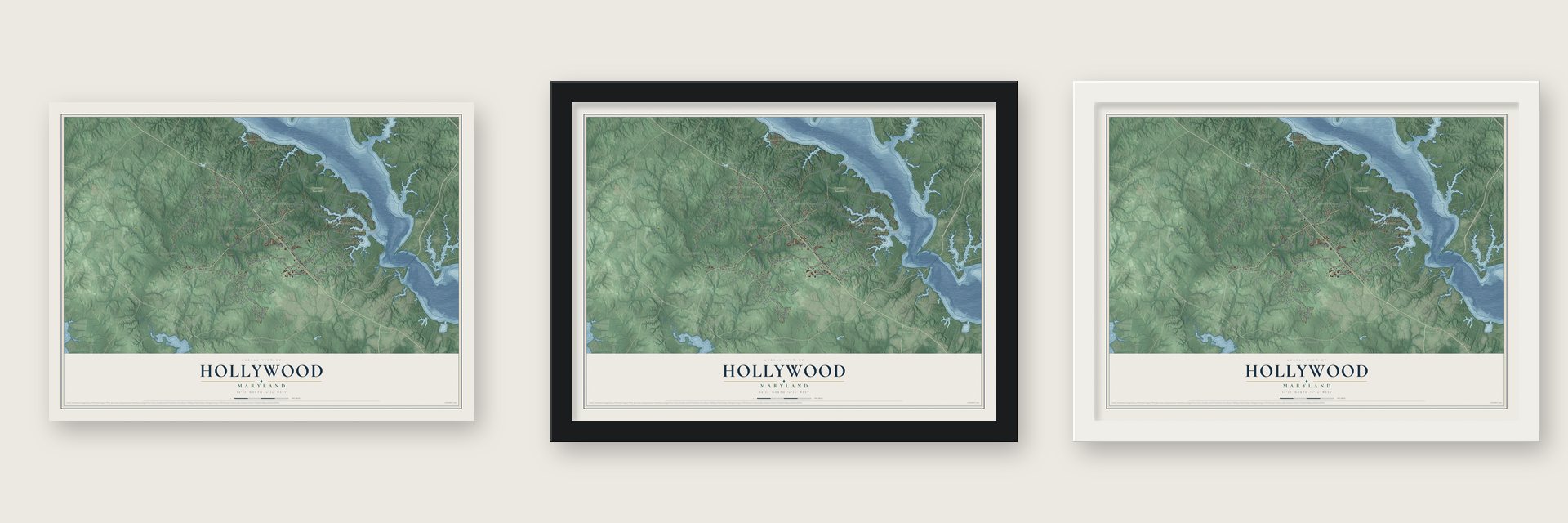 Hollywood, Maryland map unframed, in a black wood frame and in a white wood frame