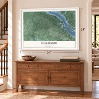 Hollywood, Maryland map, 24 x 36 inch print in a white frame above a dresser by a staircase