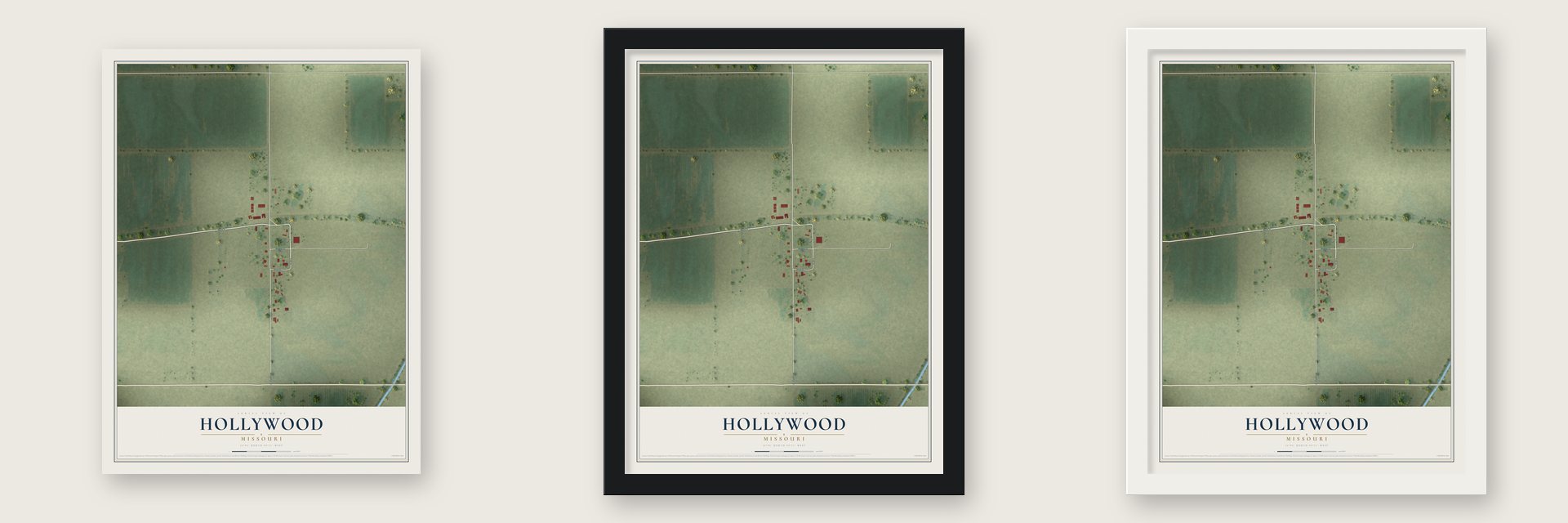 Hollywood, Missouri map unframed, in a black wood frame and in a white wood frame