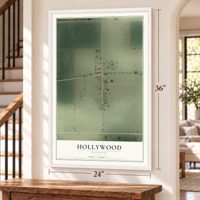 Hollywood, Missouri map, 24 x 36 inch print in a white frame by a staircase