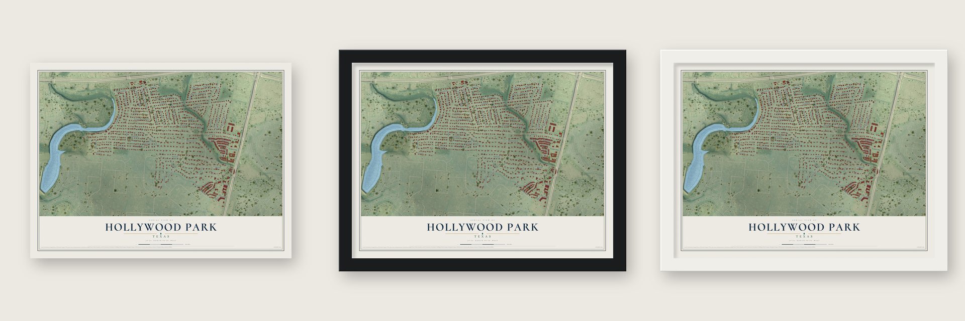 Hollywood Park, Texas map unframed, in a black wood frame and in a white wood frame