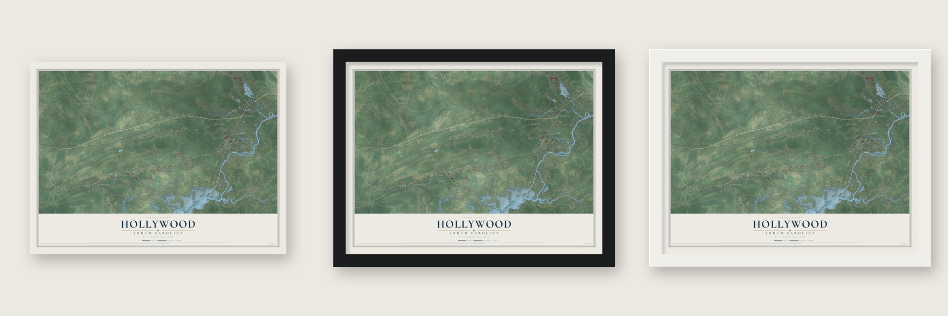 Hollywood, South Carolina map unframed, in a black wood frame and in a white wood frame
