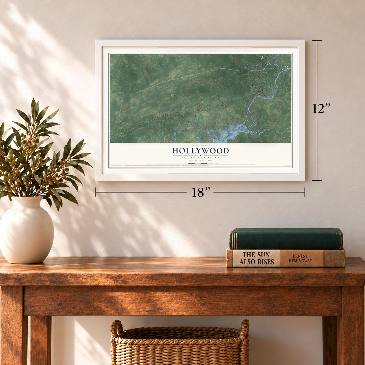 Hollywood, South Carolina map, 12 x 18 inch print in a white frame in an entryway