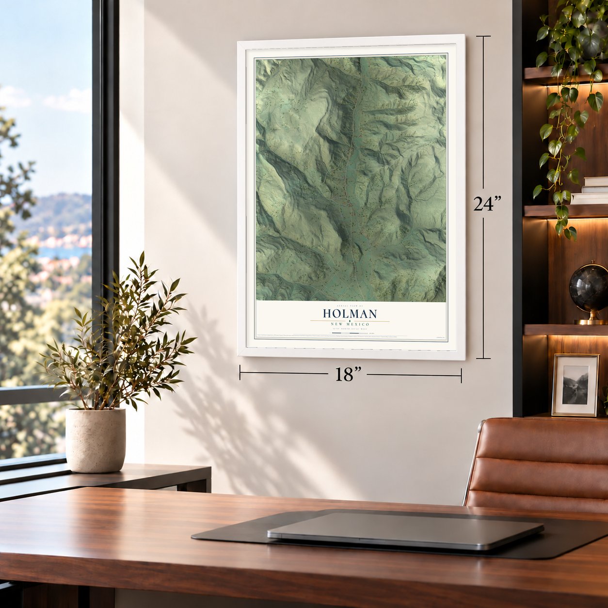 Holman, New Mexico map, 18 x 24 inch print in a white frame in a home office