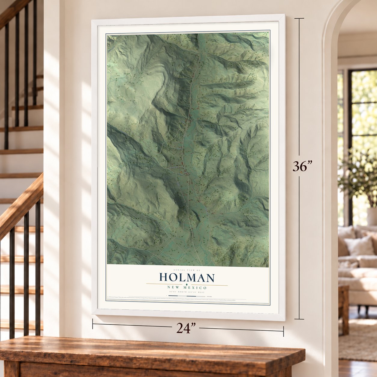 Holman, New Mexico map, 24 x 36 inch print in a white frame by a staircase