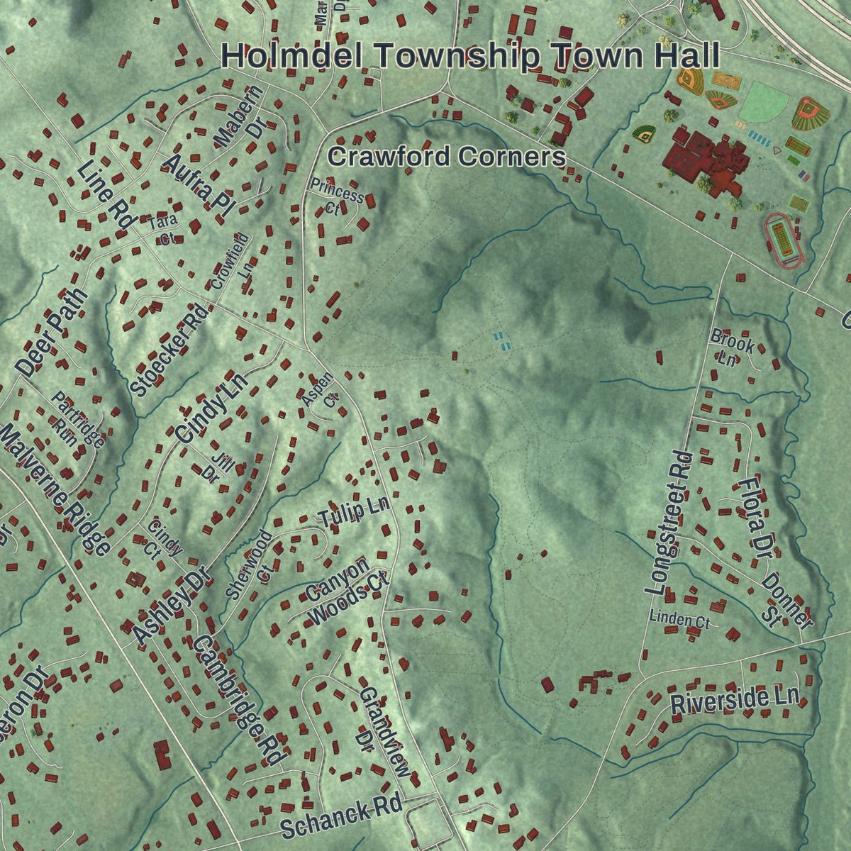 Second close-up of the map of Holmdel, New Jersey print showing more streets and buildings
