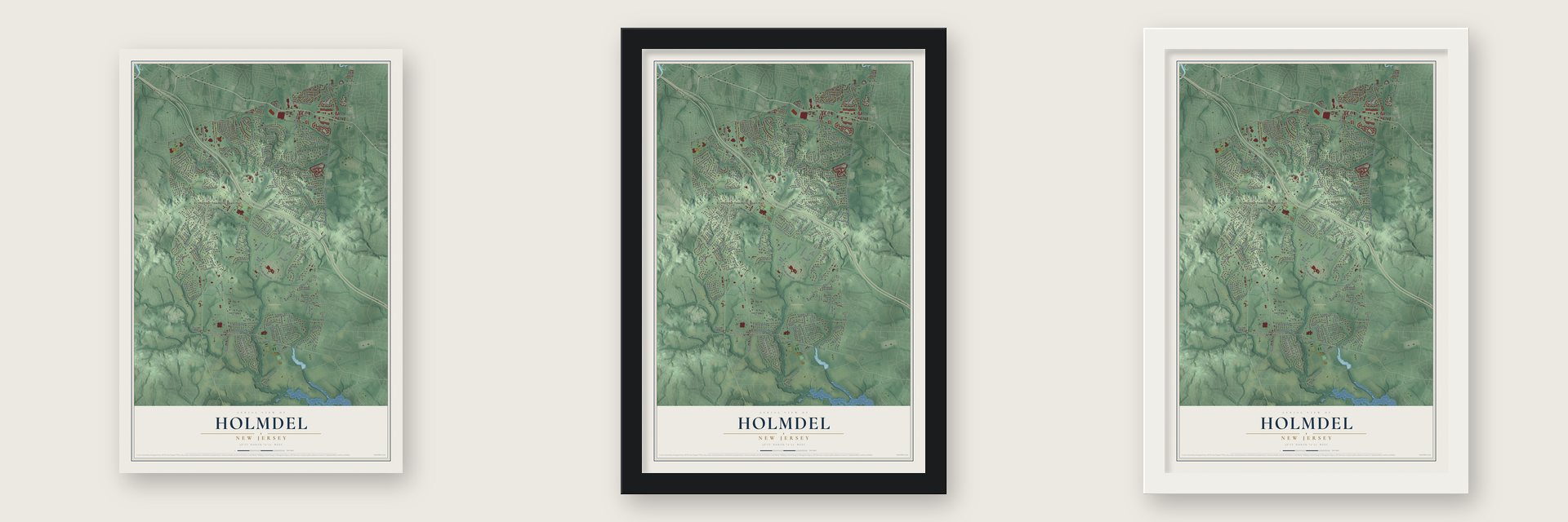 Holmdel, New Jersey map unframed, in a black wood frame and in a white wood frame