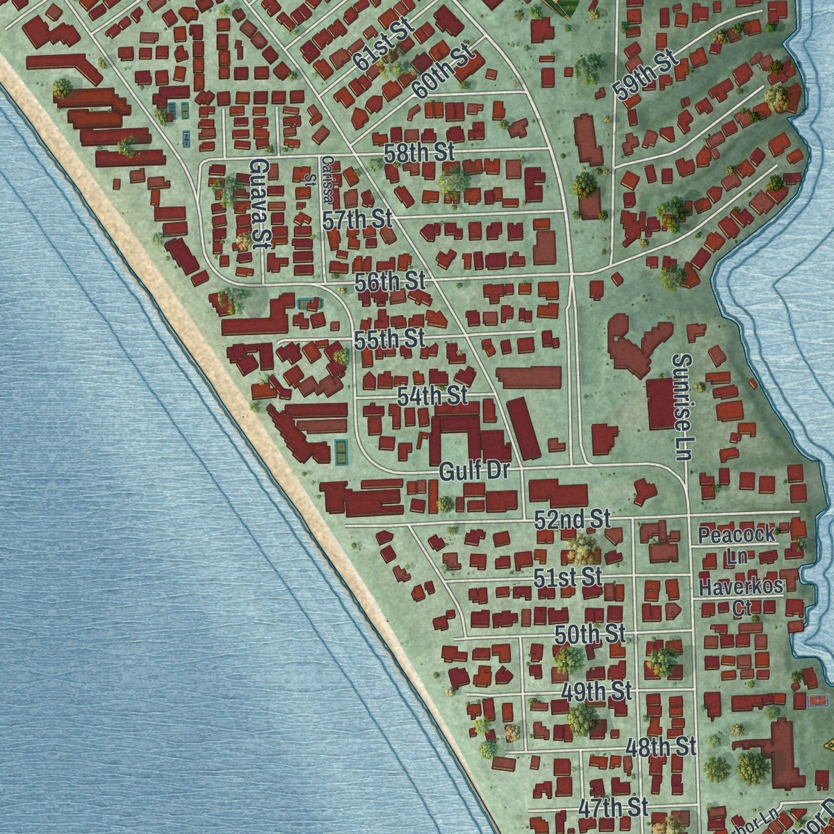 Second close-up of the map of Holmes Beach, Florida print showing more streets and buildings