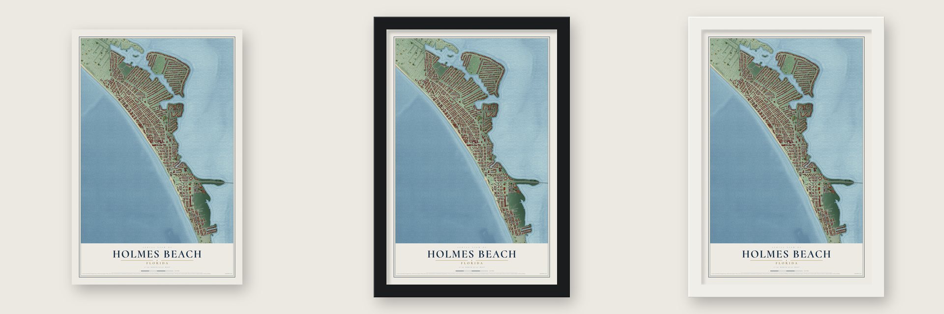 Holmes Beach, Florida map unframed, in a black wood frame and in a white wood frame