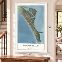 Holmes Beach, Florida map, 24 x 36 inch print in a white frame by a staircase