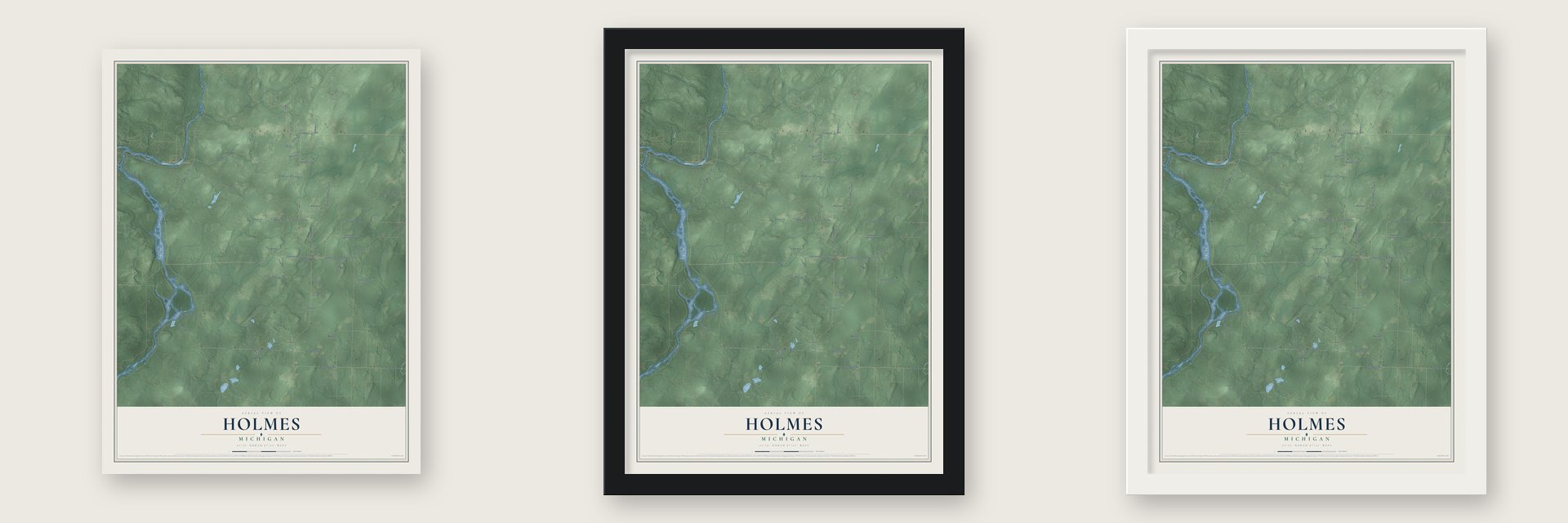 Holmes, Michigan map unframed, in a black wood frame and in a white wood frame