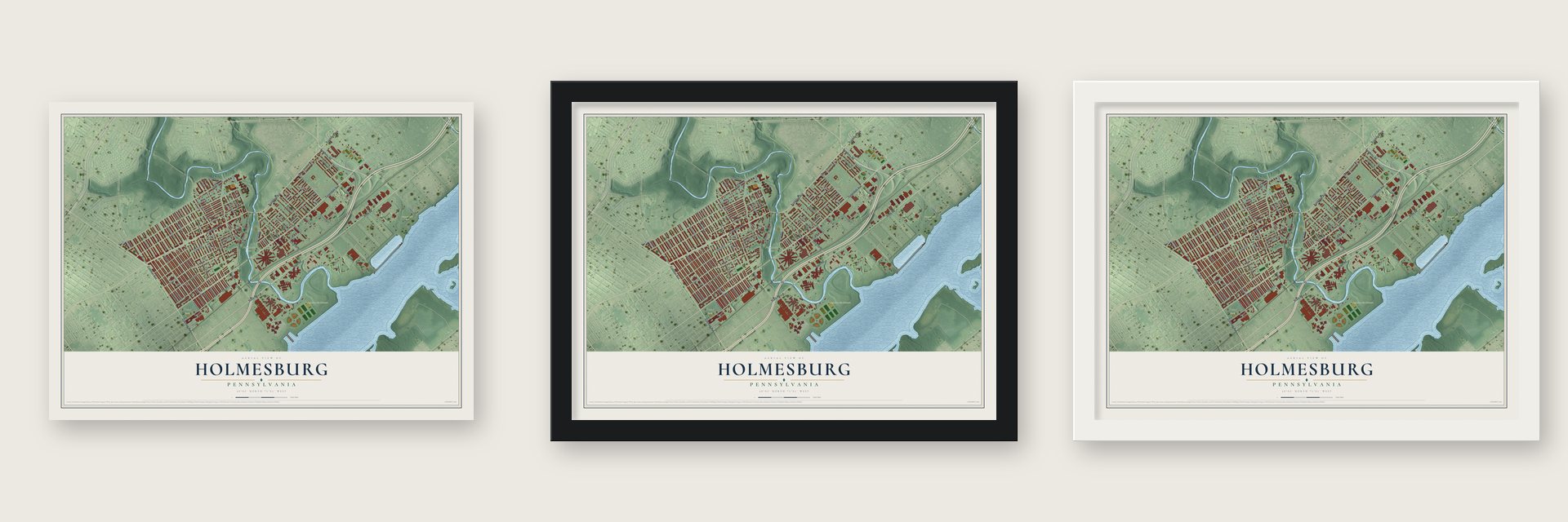 Holmesburg, Pennsylvania map unframed, in a black wood frame and in a white wood frame