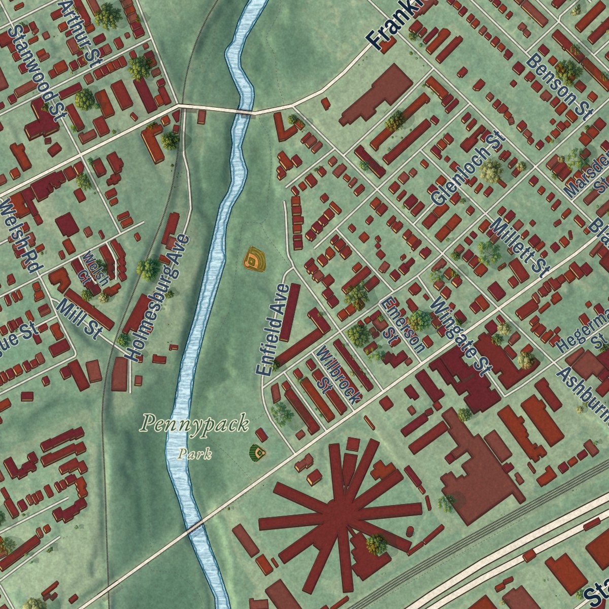 Second close-up of the map of Holmesburg, Pennsylvania print showing more streets and buildings