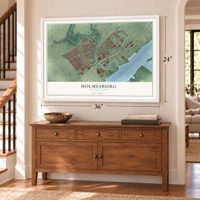 Holmesburg, Pennsylvania map, 24 x 36 inch print in a white frame above a dresser by a staircase