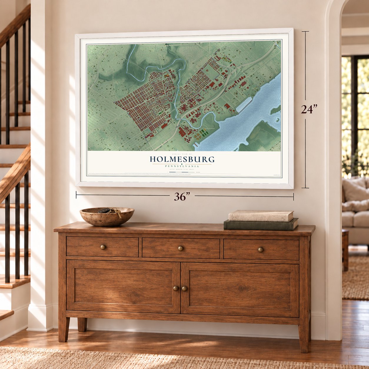 Holmesburg, Pennsylvania map, 24 x 36 inch print in a white frame above a dresser by a staircase