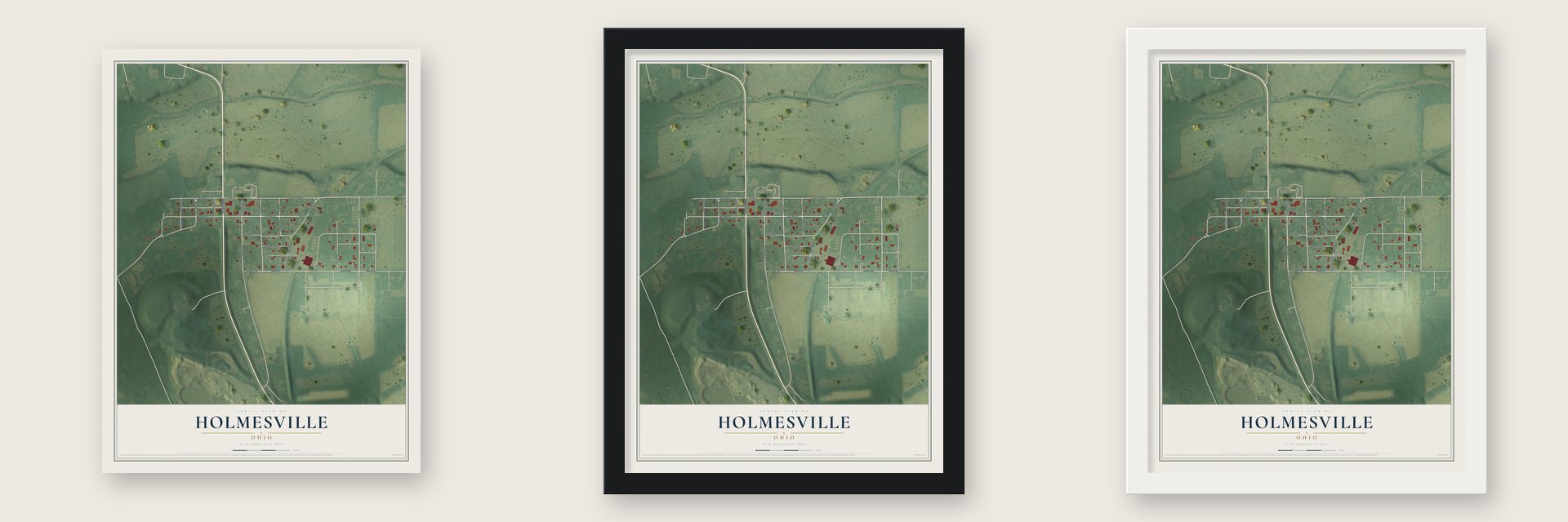 Holmesville, Ohio map unframed, in a black wood frame and in a white wood frame