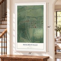 Holmesville, Ohio map, 24 x 36 inch print in a white frame by a staircase
