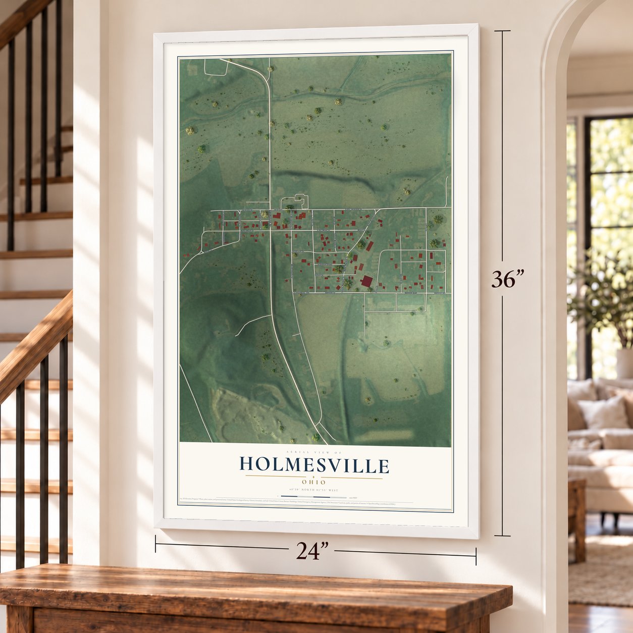 Holmesville, Ohio map, 24 x 36 inch print in a white frame by a staircase