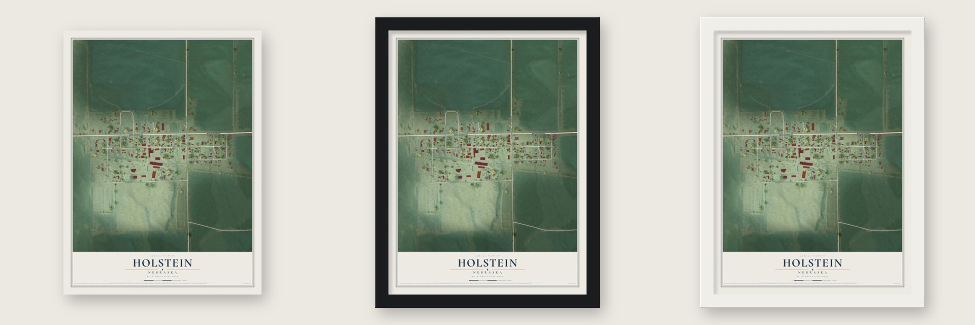 Holstein, Nebraska map unframed, in a black wood frame and in a white wood frame