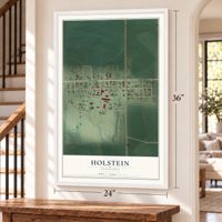 Holstein, Nebraska map, 24 x 36 inch print in a white frame by a staircase