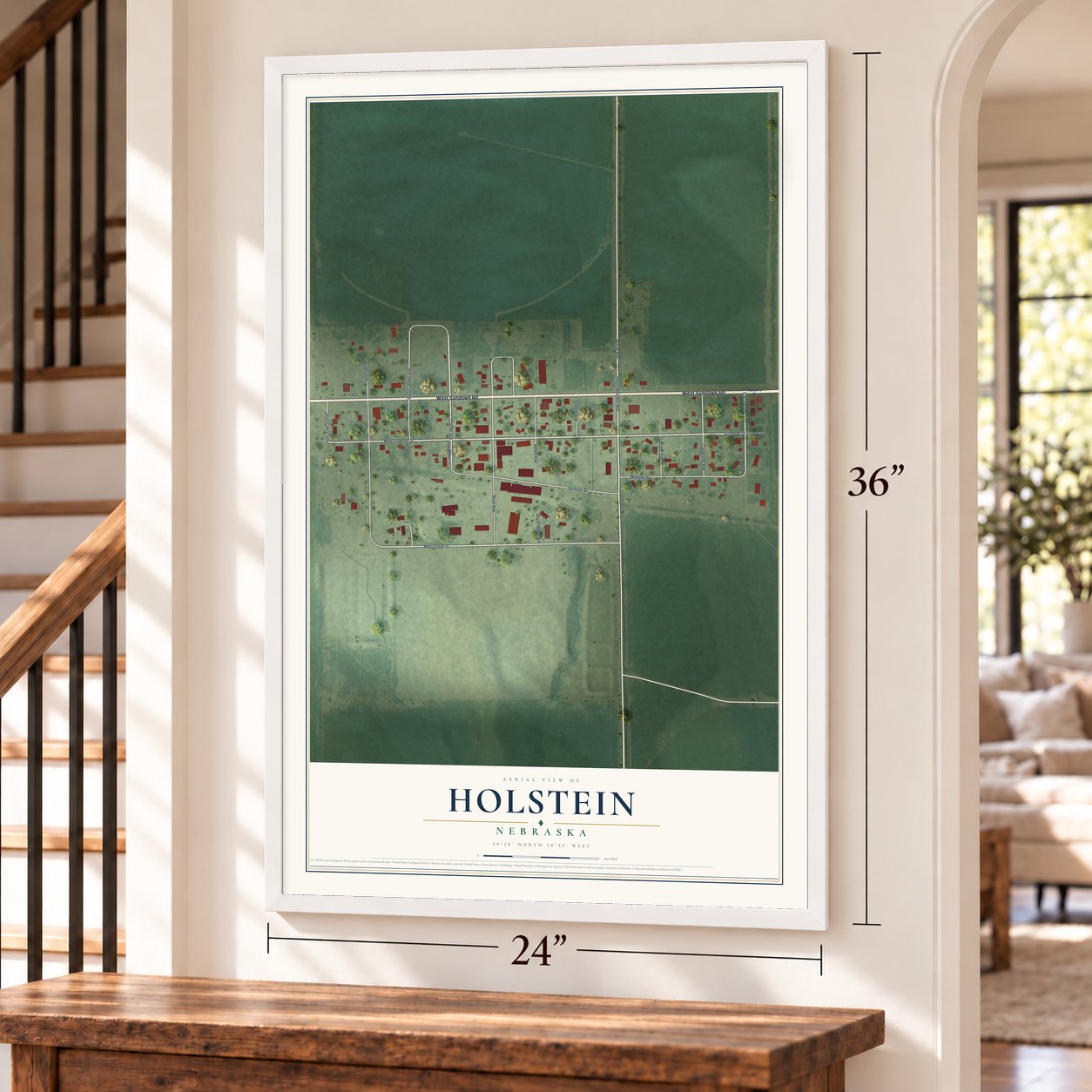 Holstein, Nebraska map, 24 x 36 inch print in a white frame by a staircase