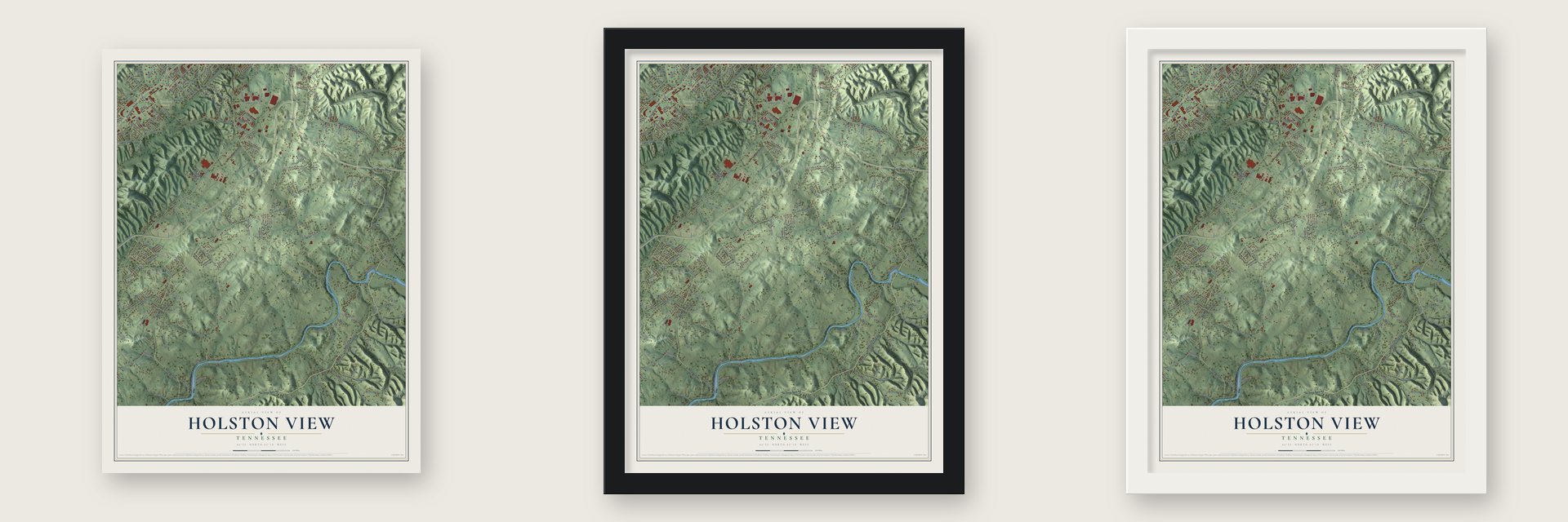 Holston View, Tennessee map unframed, in a black wood frame and in a white wood frame