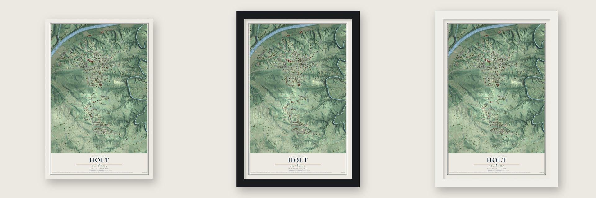 Holt, Alabama map unframed, in a black wood frame and in a white wood frame