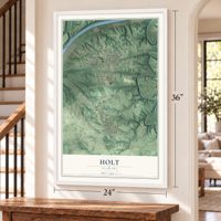 Holt, Alabama map, 24 x 36 inch print in a white frame by a staircase