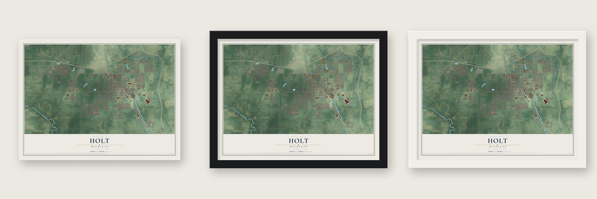 Holt, Michigan map unframed, in a black wood frame and in a white wood frame