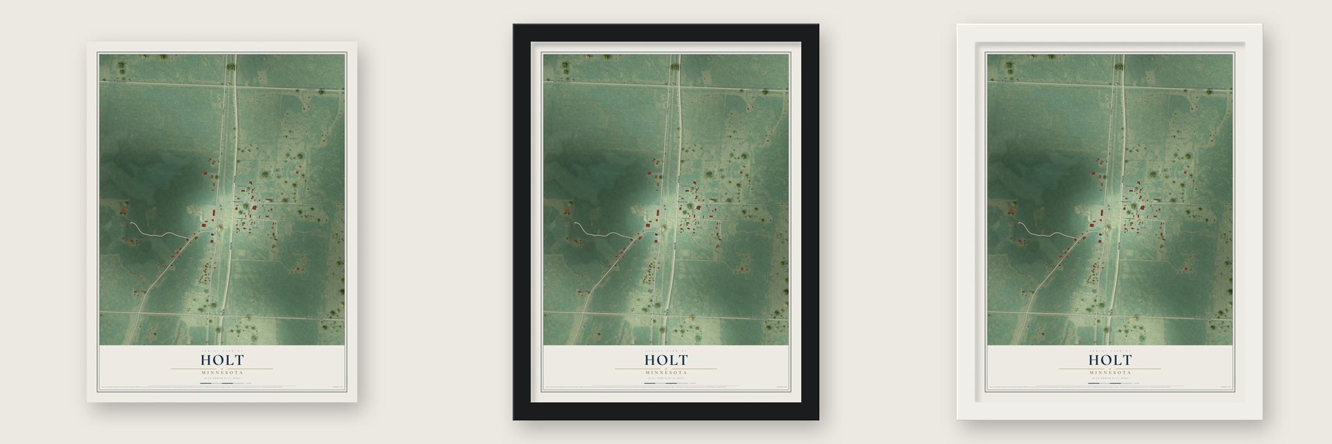 Holt, Minnesota map unframed, in a black wood frame and in a white wood frame