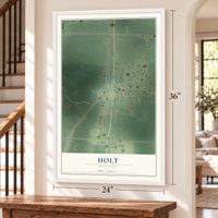 Holt, Minnesota map, 24 x 36 inch print in a white frame by a staircase
